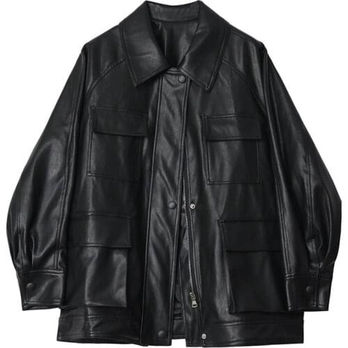 Mid-length Loose Vintage Black Big Pocket Faux Leather Coat Plus Belt Spring Autumn 2021 Women Casual Biker Jacket Veste Femme