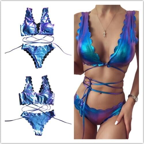 Meihuida Women’s Sexy Bandage Bikini Suits Fashion Leather Pearly Vest Top and Wavy Thong Split Swimsuit