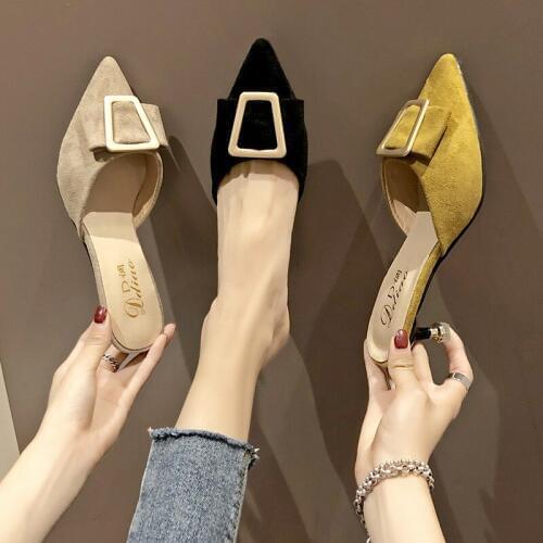 Summer New Fashion Women Shoes Woman Slippers Mules Cover Pointed Toe Solid Flock Buckle High Heels Ladies Casual Shoes Slides