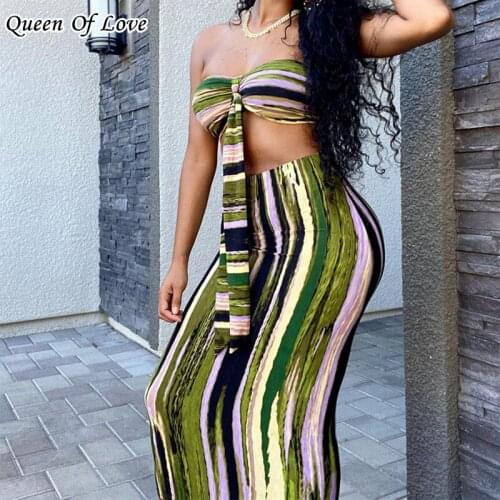 2 Piece Women Sleeveless Slash Neck Crop Top And Mid Skirt Matching Set 2021 Summer Fashion Sexy Tie Dyed Streetwear Outfits