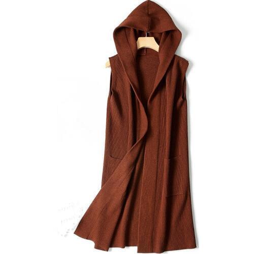 New fashion wool blend knit women hooded sleeveless cardigan sweater dress caramel 3colors one&over size