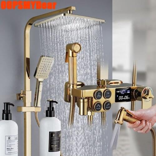 Gold Digital Shower Set Bathroom Smart Thermostatic Shower System Wall Mount Golden Bath Faucet Hot Cold Mixer SPA Rainfall Tap