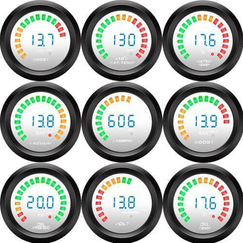 52mm LED 2 IN 1 Tachometer + Voltage display rpm meter Boost gauge bar psi/Vacuum/Water temp/Oil temp/Oil pressure/Voltmeter Car
