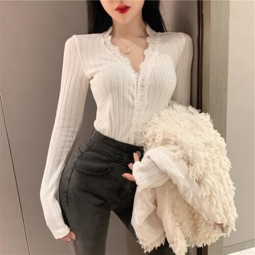 2020 body-fitting long-sleeved t-shirt womens feel lace-up bottom shirt with ocean knit cardigan v-neckline