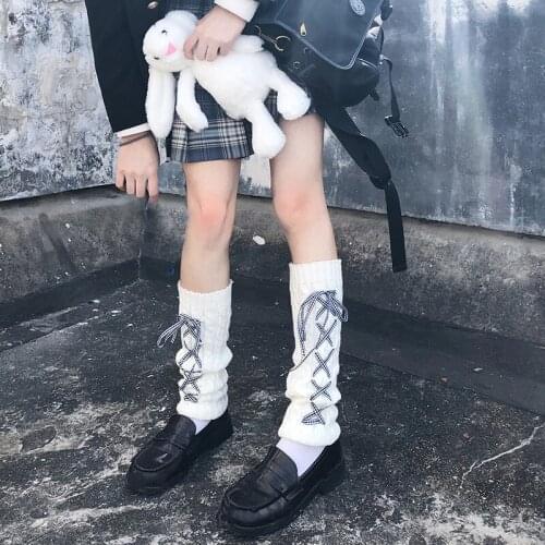 2021 Autumn Winter Leggings For Women Lolita Korean Stripe Drawstring Ribbon Bow Leg Warmer Japanese Knitted Knee Socks Gifts