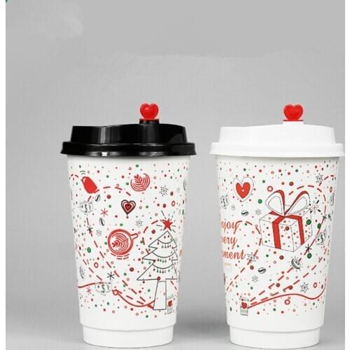 50pcs Disposable Christmas New Year Red Coffee Milk Tea Cup Double Layer Hot Drink Insulation Party Favor Paper Cup With Lid