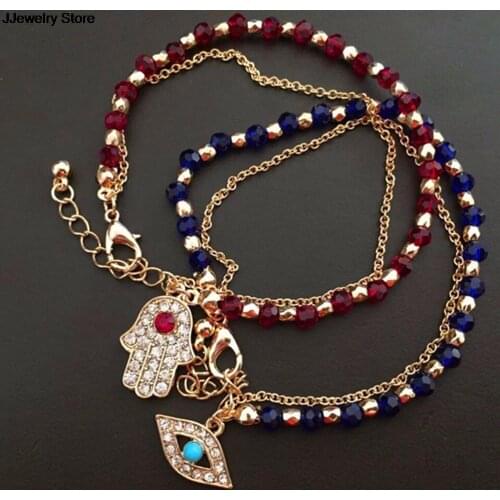 Lucky Kabbalah Fatima Hamsa Hand Red Blue Eye Charms Bracelets & Bangles Multilayer Beads For Women