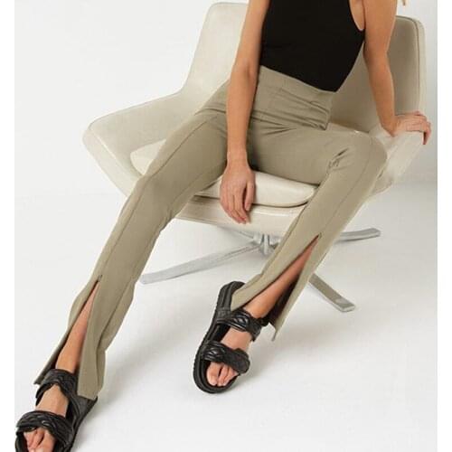 Black Elastic Slim Pants Women Fashion Zip Split Autumn Trousers High Waist Ladies Pencil Slim Long Pant Khaki