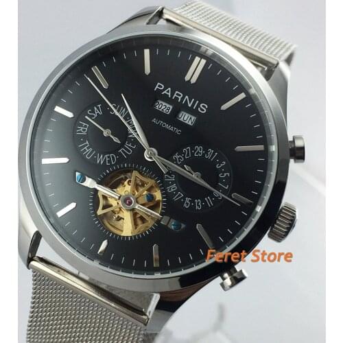 Parnis 43mm Black Dial Wristwatch flywheel calendar top fashion man’s watch steel strap Automatic Business mans watch