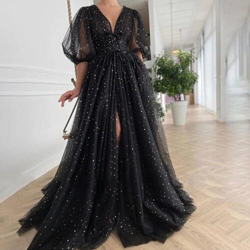 Black Starry Tulle Prom Dresses Sparkly V-Neck Half Puff Sleeves Ruched Wedding Party Dresses Slits Long A-Line Prom Gowns
