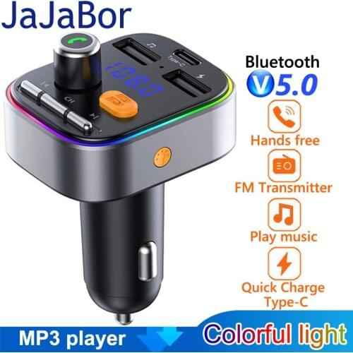 JaJaBor Bluetooth Car kit Handsfree FM Transmitter Music Play Car MP3 Player QC3.0 USB Car Charger With Colorful LED Light