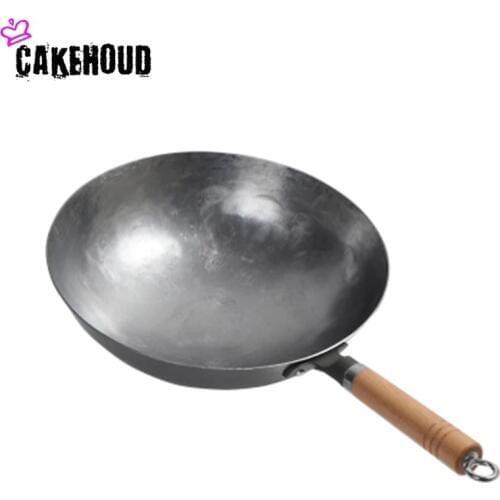 CAKEHOUD Chinese Iron Pot Traditional Manual Hammer Forging Uncoated Cast Iron Wok Gas Stove Non-stick Frying Pan With Two Ears