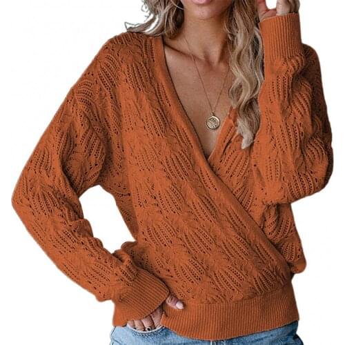 Fashion Women Pullovers Sweater Oversize Deep V Neck Wrap Hollow Sweater Autumn Winter Long Sleeve Crochet Knit Top Jumpers
