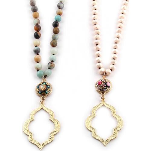 MOODPC Fashion Bohemian Tribal Artisan Jewelry Amazonite Stone knotted Lip charm pendant Necklace