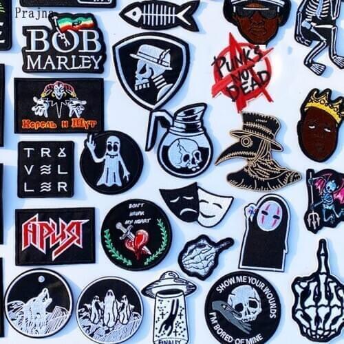 Prajna Letter Patch Black And White Embroidered Patches For Clothes DIY Punk Rock Iron On Patches Skull Stripe Black Man Badge
