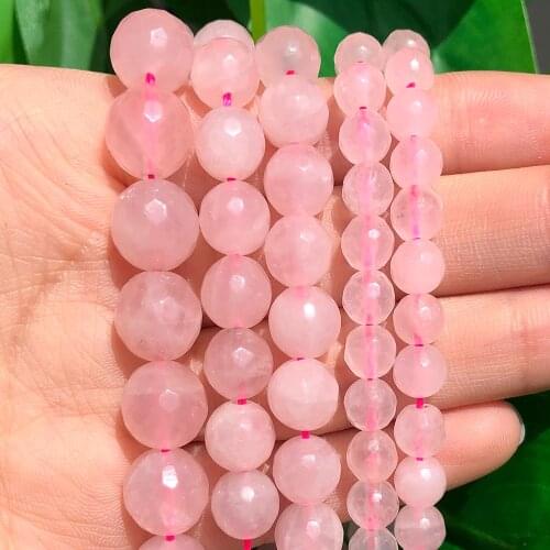 Natural Faceted Stone Pink Rose Quartz Crystal Round Loose Spacer Beads for Jewlery Making Needlework DIY Bracelet Accessorise