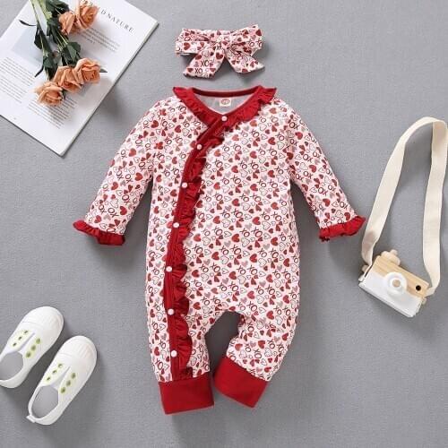 Baby Clothes Girl Baby Clothes Infant Baby Girls Valentines Day Hearts Print Ruffles Romper Jumpsuit+Headbands детские вещи