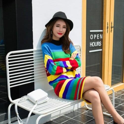 H9502 Autumn Winter Long Sweater Women Rainbow Striped Pullover Sweaters Girl Long Sleeve Casual Knitted Jumper Tops Clothes