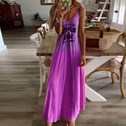 40# Gradient Color Long Dress Women Loose V-neck Dress Letter Printed Strap Dress Low Cut Dress Women Oversize Robe Femme