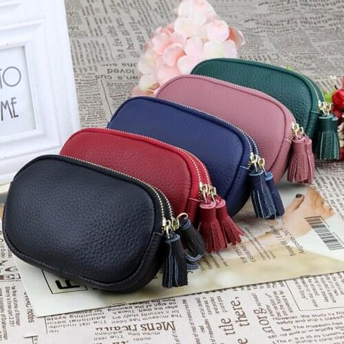 Blue/Red/Pink 5 Colors Credit Card Colletion Bag WHTUOHENG Genuine Cow Leather Women Tassel Key Wallets Female Mini Coin Purses
