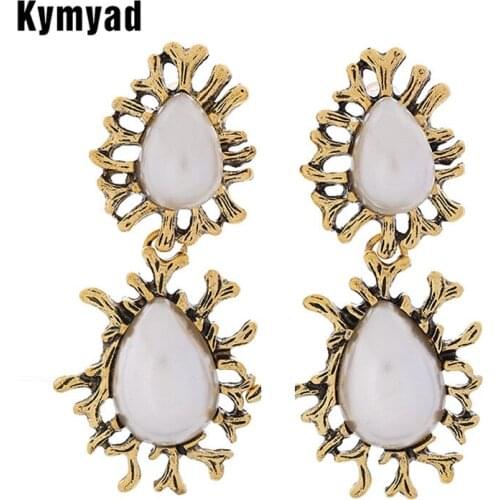Kymyad Vintage Earrings White Stone Long Earrings Water Drop Pendant Drop Earings Fashion Jewelry Ethnic Statement Earring