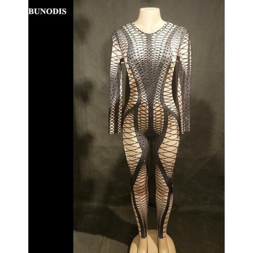ZD421 Women Sexy Jumpsuit Black Net Sparkling Crystals Bodysuit Nightclub Party Stage Wear Singer Dancer Bling Costumes