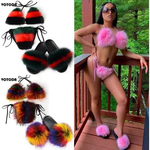 Women Real Fox Fur Slippers Sexy Bikini Bra Set Fluffy Raccoon Slides Beach Fur Swimsuit Underwear Fashion Bikini Set Detachable