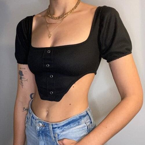 Sexy Square Collar Casual Crop Top Black&White Short Sleeve Slim Ladies Mini Short Tees Pullover Solid Color 2021 Summer T-shirt