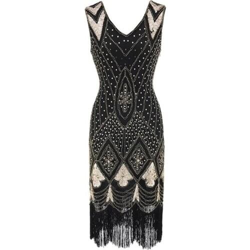 Women 1920s Gatsby Charleston Inspired Sequin Fringe Flapper Dress Beaded Art Deco Dress V-Neck Sleeveless Long Party Costume