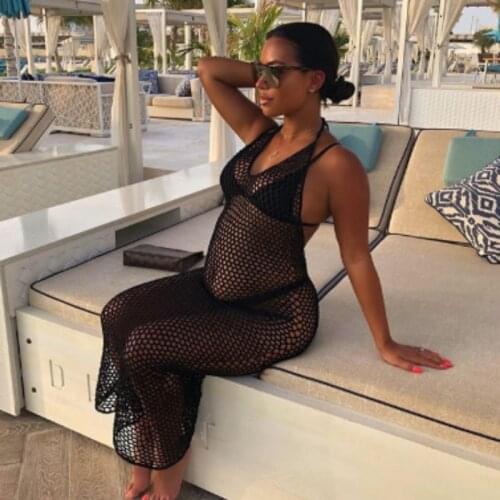 Women Bikini Cover Up Backless Maxi Dress Beachwear Sexy Sleeveless Fishnet Beach Dress See Through Hollow Out Halter Sundress
