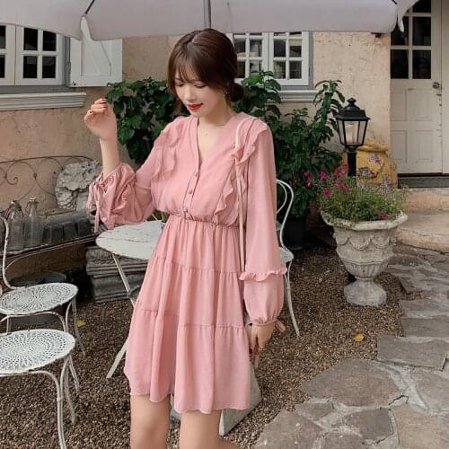 2021 Autumn new Korean gentle and sweet womens dress elegant temperament Ruffle solid color V-neck Long Sleeve Chiffon Dress