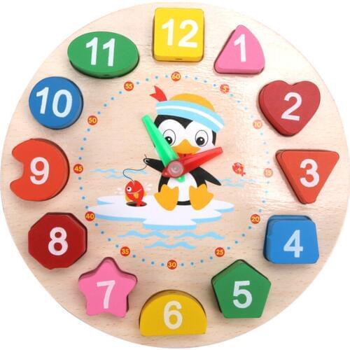 2019 New Digital Clock Geometry Blocks Wooden Cartoon Penguin Teaching Time Number Toy for Kids
