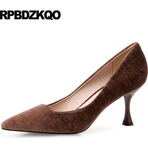 3 Inch High Quality Size 4 34 Heels Thin 2019 Brown Pointed Toe Dress Shoes Women Velvet Modern Pumps Party Wine Red 33 Prom