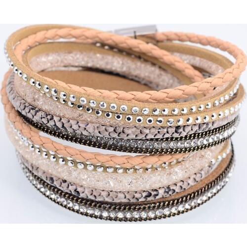 Miasol Double Wrap Leather Rhinestone Bracelets Crystal Multilayer Braided Leather Bling Double Wrap Magnetic Bracelets B1533