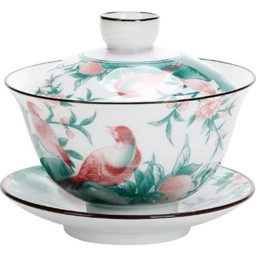 Jingdezhen Gaiwan Multicolor Branch Bird Tureen Ceramic Cup with Lid Cover Saucer Kit Tea Bowl Drinkware Decor Craft Gift teaset