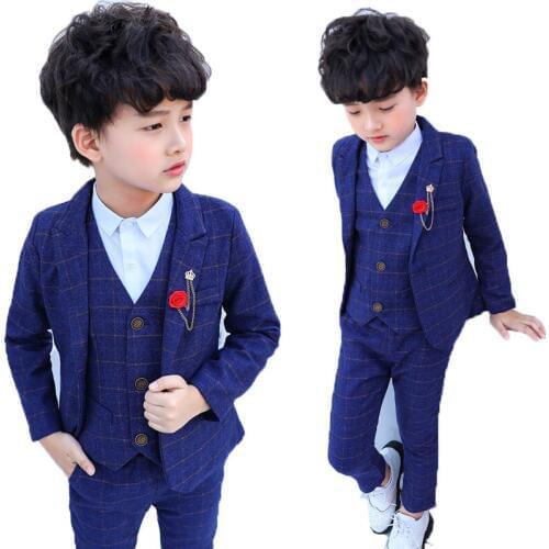 Kids 3pcs Plaid Dress Suit Set Flower Boys Wedding Party Performance Costume Children Blazer Vest Pants Clothing Sets