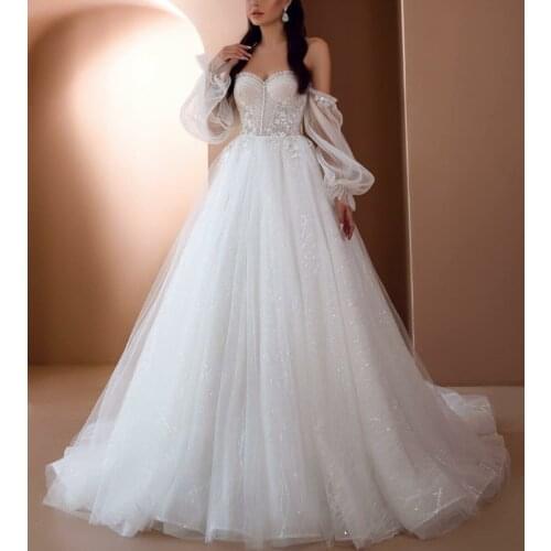 Elegant Long Sweetheart Lace Wedding Dresses with Sleeve A-Line Corset Back Tulle Robes De Mariée Bridal Gown For Women