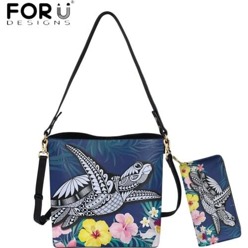 FORUDESIGNS Hawaii Tropical Turtle Polynesian Tribal Design Bucket Bag And Purse For Women Luxury PU Leather Bolsa Femme