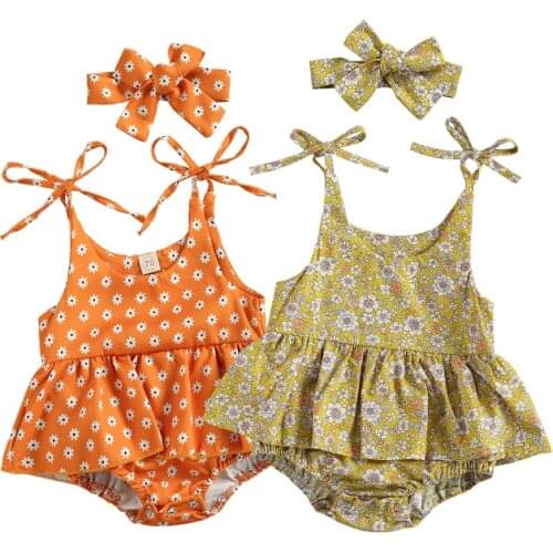 0-24M Baby Girls Romper Dress Headband 2pcs Floral Print Sleeveless Belt Ruffles Jumpsuits