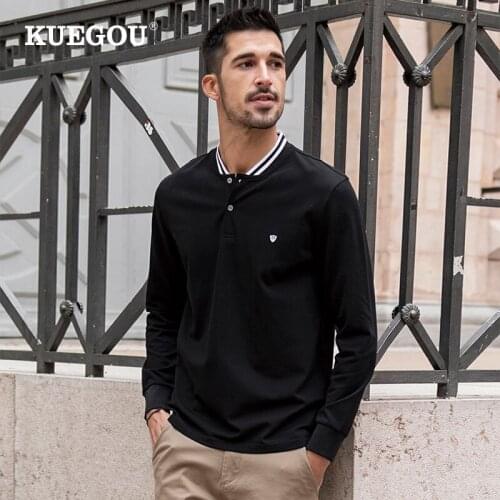 KUEGOU 2021 Spring Cotton Black Plain Embroidery T Shirt Men Tshirt Brand T-shirt Long Sleeve Tee Shirt Male Plus Size Top 88099