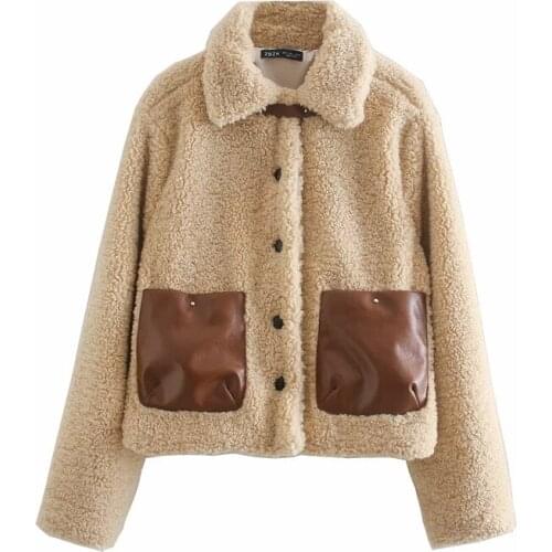 Merodi Women Vogue Patchwork Faux Leather Double Pockets Za Winter Fleece Jackets Female Stylish Turn-Down Collar Outwear Chic