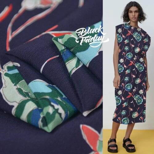 Fashion abstract floral print navy blue bottom pure silk crepe de chine fabric,SCDC1396