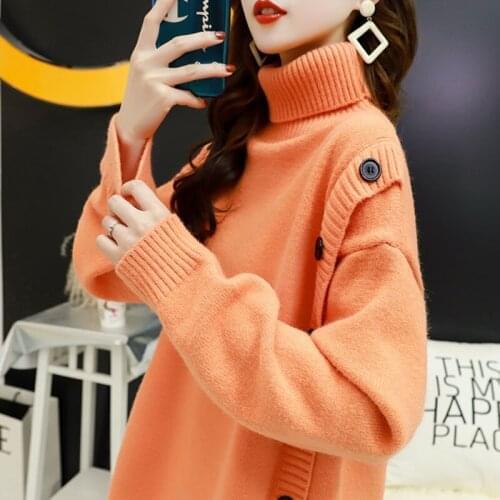 2021 New Fall Winter Clothes Women Turtleneck Sweater Plus Velvet Loose Kintting Foreign Style Korean Fashion Button Long Sleeve