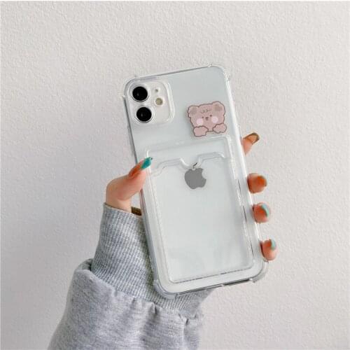Transparent Card Holder Phone Case For iPhone 11 12 Pro MAX XS XR SE20 X 7 8Plus Cute Bear Rabbit ID Credit Slot Soft Cover Capa