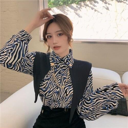 2021 Spring Autumn Fashion Retro Zebra Pattern Fake Two-piece Long-sleeved Turndown Collar Shirt Temperament Blouse Blusa Y389