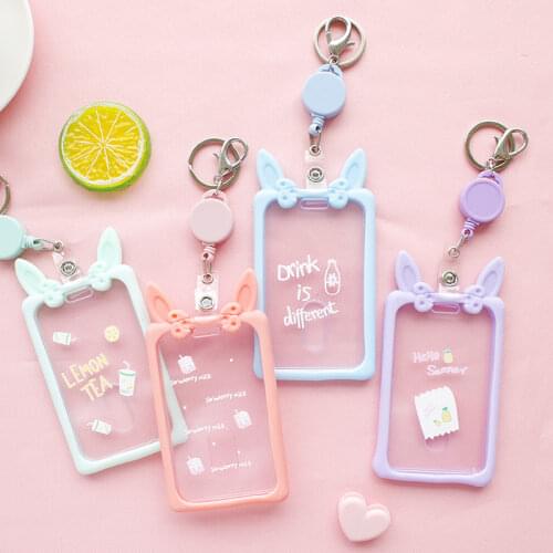 Cute Ear Silicone Retractable Card Holder Girls Student Kids Id Card Holder Pass Cover Keychain Women Badge Holder Card Case
