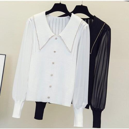 2021 Women Sweaters Vneck High Quality Pearl Button Loose Sweater Tops sexy hollow out Full Jumpers autumn Casual Outerwear