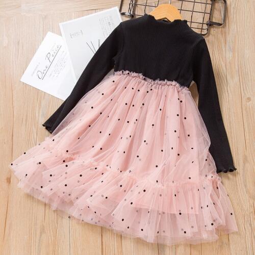 2020 Spring Little Girls Princess Dress Long Sleeve Knitted Patchwork Dot Mesh Ball Gown Girls Party Dress 2-7Yrs Kids Clothes