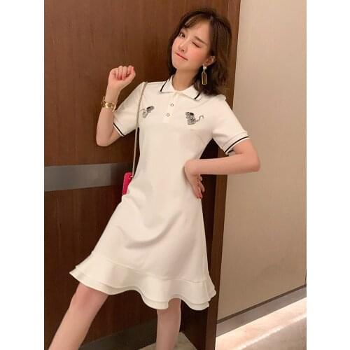 Top Quality youthpoloCollar pin bead simple and generous Ruffle Dress summer new