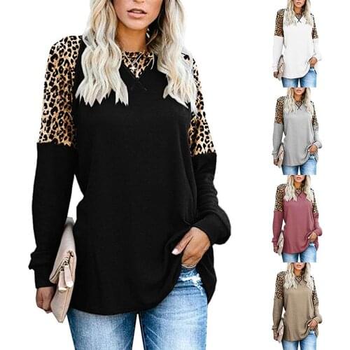 Women Leopard Print Shoulder Contrast Solid Color Round Neck Long Sleeve Blouse Top AM1475